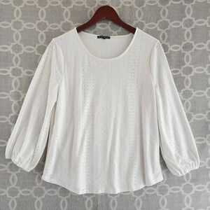 Adrianna Papell Round Neck Embroidered Long Sleeve White Blouse L 8322